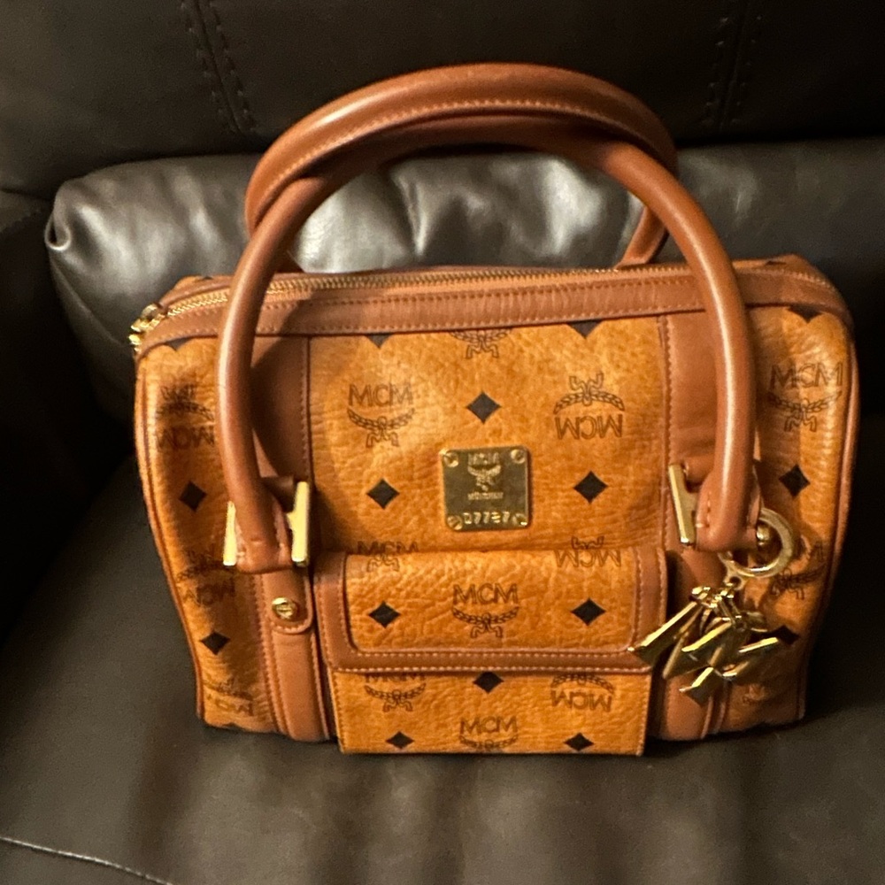 MCM Cognac Leather Satchel with MCM Purse Charm and original COA and cards